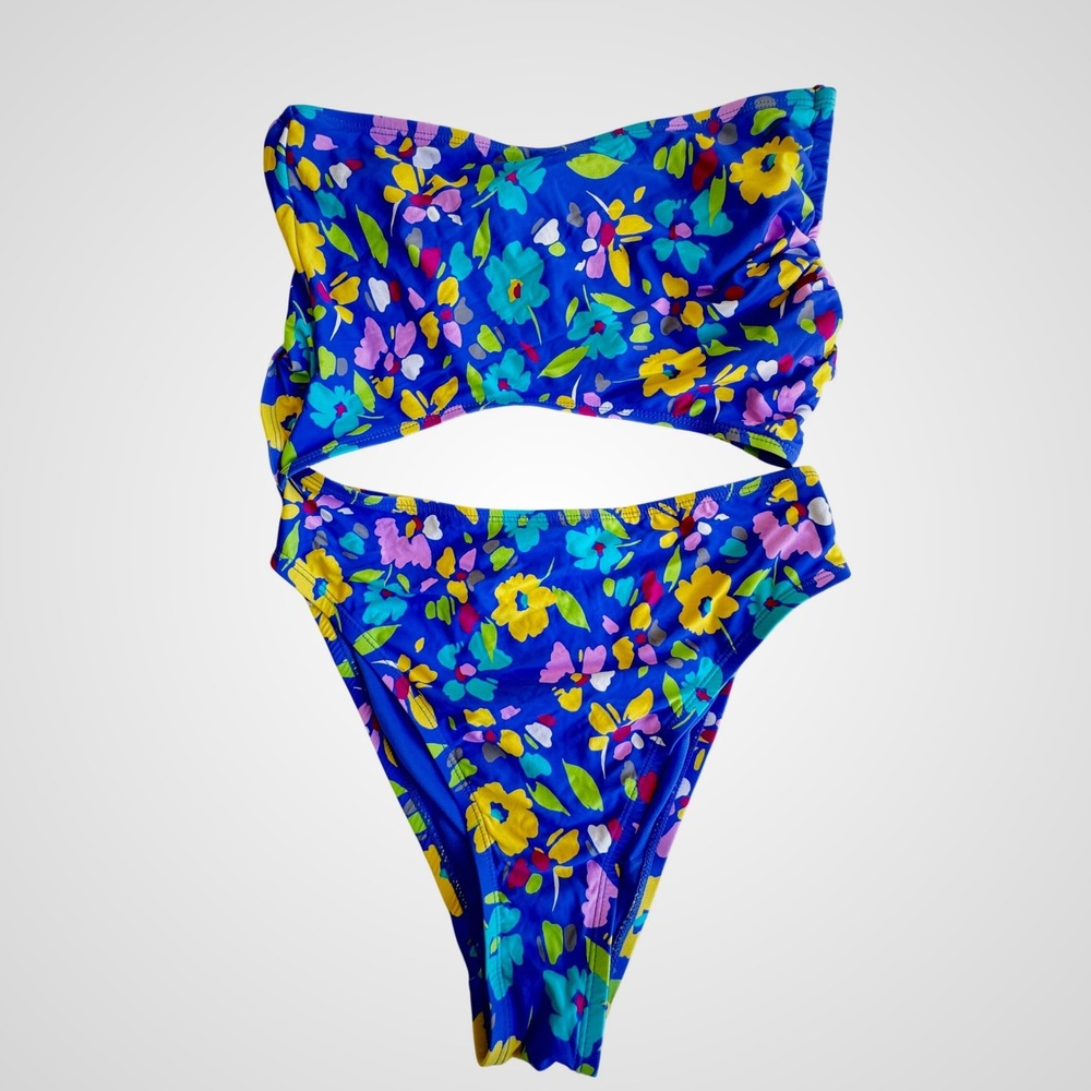Lulus Blue Floral Cutout One Piece Swimsuit Bandeau‎ High Leg LU38279166 Large